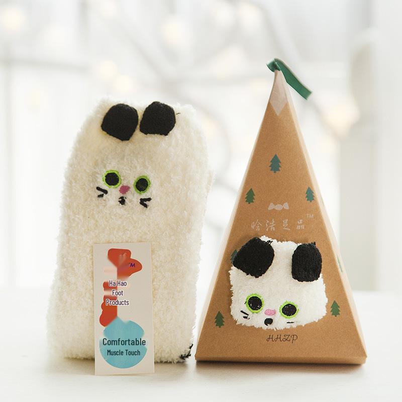 3D Cartoon Coral Fleece Christmas Socks for Adults & Kids, Half-Velvet with Acrylic Ball Design