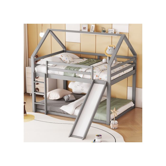 Двухъярусная кровать - MUVOE - 140x200 см - Серая - Горка - Лестница с возможностью перестановки