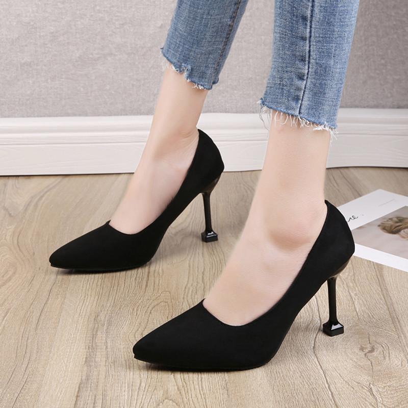 Student Etiquette High Heels Women's Stiletto Spring New Pointed Black Suede Professional Cat Heel Single Shoes