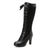 Fashion Women's Round Toe Knee High Boots Leather Lace Hollow Out Punk Lace-Up Steampunk High Heel Shoes Plus Size 34-50 White Red Black