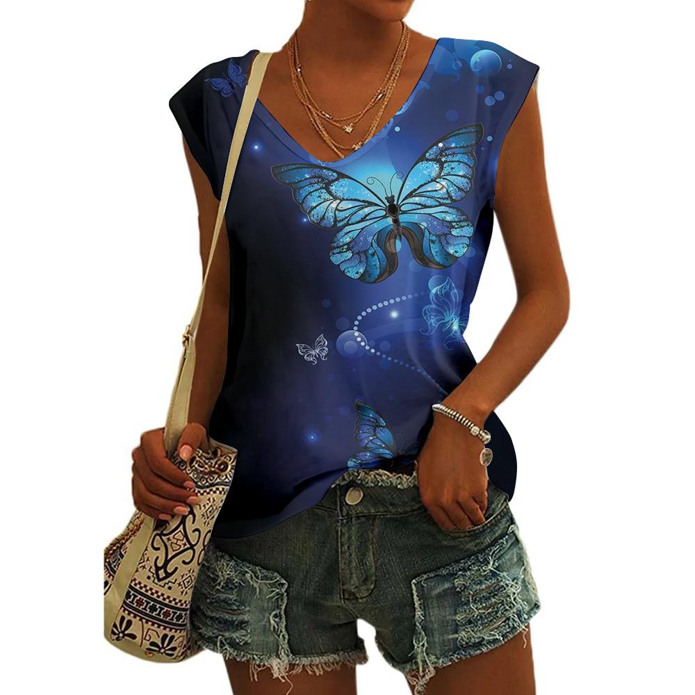 3d Butterfly Printed 2025 New Women's V-Neck Tank Tops & T-Shirts Summer 2025 New Sleeveless Vest Fashion Causal T-Shirts Tees