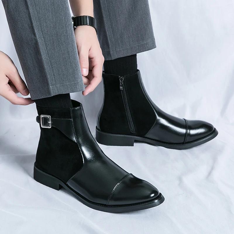New Fashion Genuine Leather Chelsea Boots Handmade Man Pointed Dress Boots Slip On Mens Casual Shoes Side Zipper Men Ankle Boots