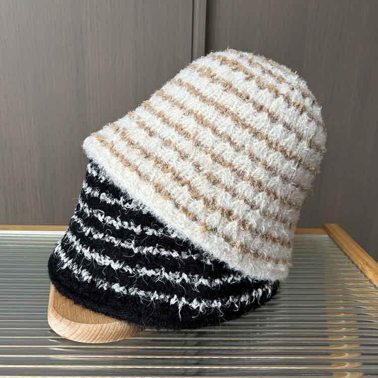 Contrast color striped plush bucket hat women's autumn and winter fashion versatile bucket hat knitted thermal basin hat