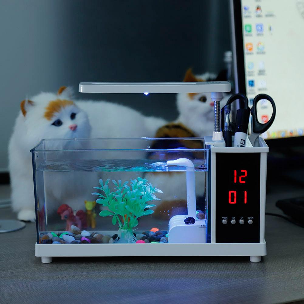 Многофункциональный USB мини аквариум с функцией часов светодиодная подсветка белого цвета