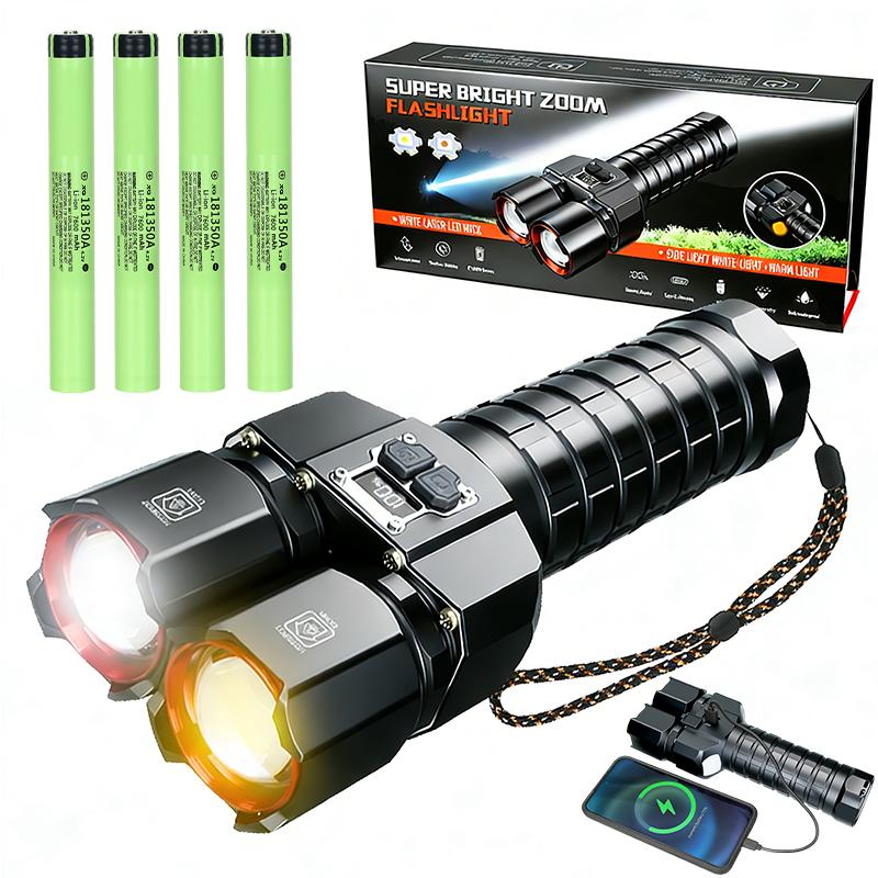 Powerful Dual Light Source LED Flashlight USB Rechargeable Zoom White Yellow Torch Long Range Flashlight With 4*181350 Battery