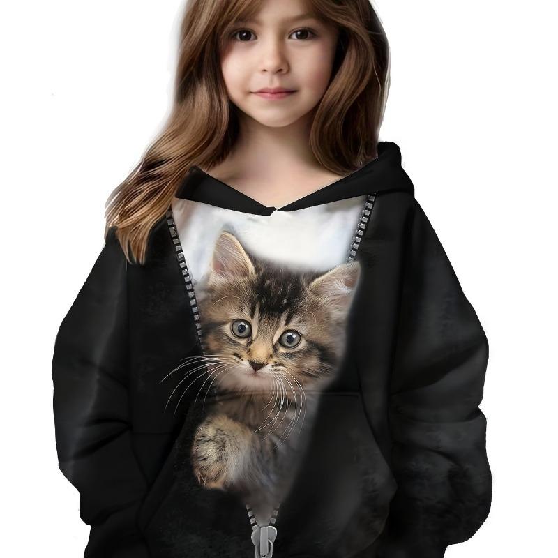 Детская одежда Толстовки с капюшоном с длинным рукавом с принтом мультяшного кота Осенняя детская одежда для девочек Kawaii Girl Top Outdoor Kids Girl Clothing