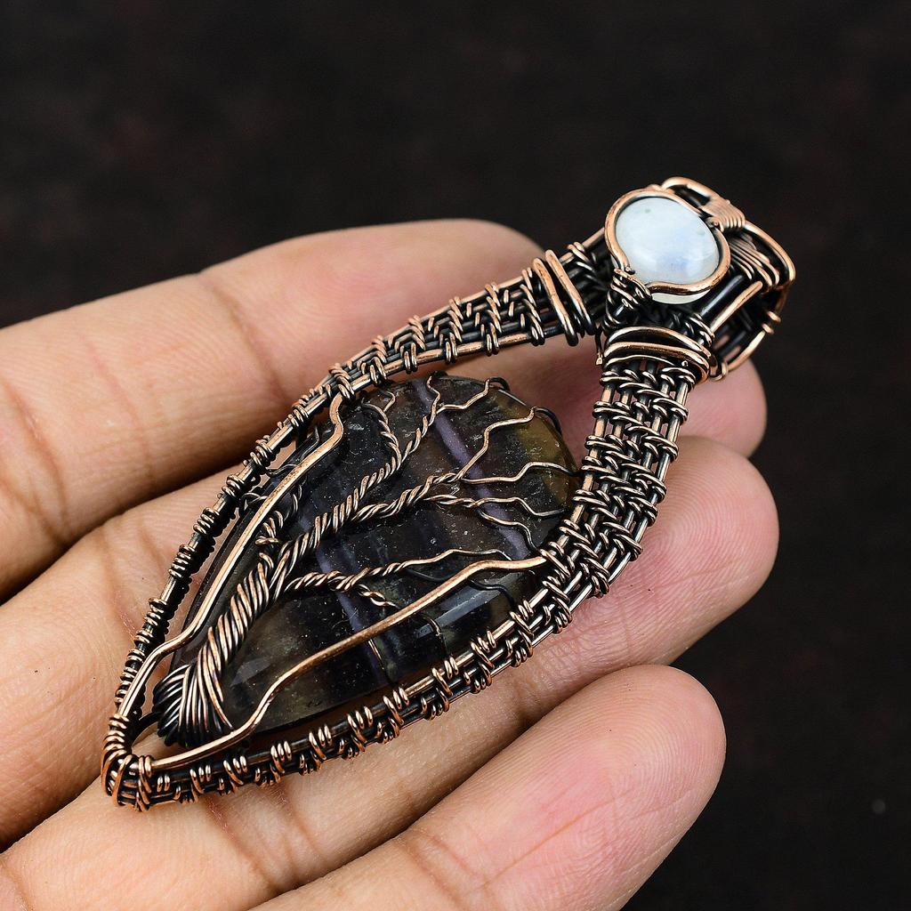 Подвеска из разноцветного флюорита с драгоценными камнями Tree Of Life, подвеска из медной проволоки, подарок для нее, украшения из радужного лунного камня Tree Of Life, ювелирные изделия ручной работы
