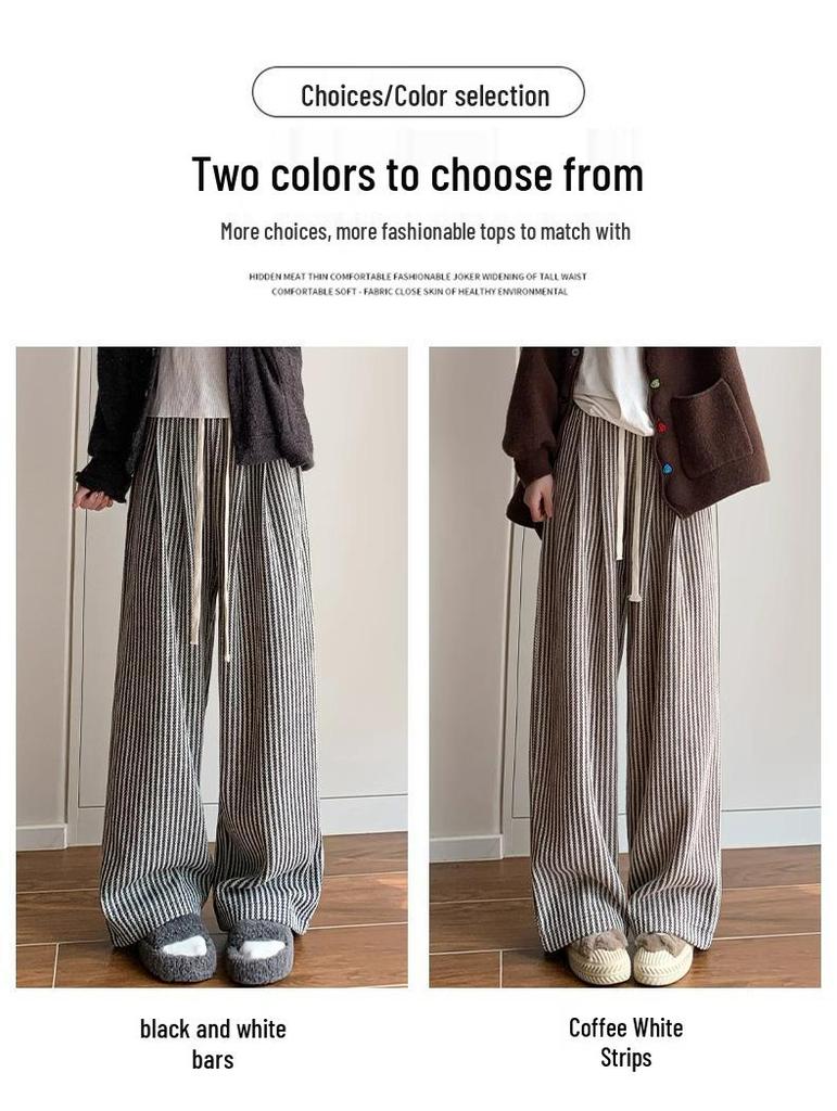 Women's Coffee Pinstripe Wool Pants: Petite 150, High-Waist, Wide/Narrow Leg, Autumn/Winter Drape