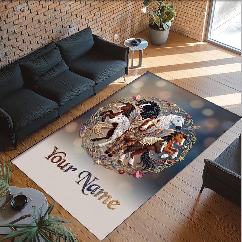 Horse Theme Crystal Velvet Floor Rug Personalized Custom Name Text Warm Carpet Home Decoration