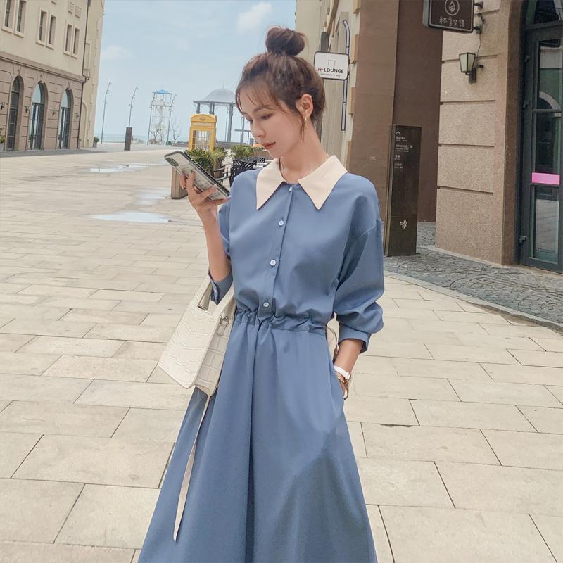 Французское платье-рубашка с длинным рукавом в стиле колор-блок, женское, весна-осень, с акцентом на талии, темпераментное, молодежное, длинная юбка