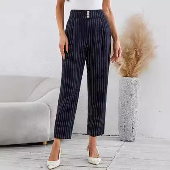 Женские облегающие брюки от костюма с высокой посадкой, в полоску, на пуговицах - городской повседневный стиль, длина девять пунктов