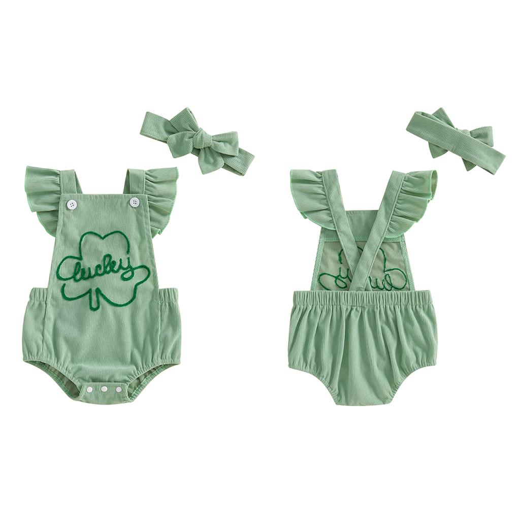 Baby Girls Rompers Ireland Clothes Letter Clover Embroidery Corduroy Ruffles Sleeveless Spring Bodysuits Jumpsuits with Headband