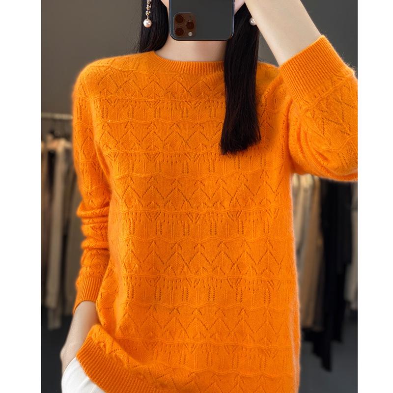 Women's Hollowed-Out Wool Round Neck Sweater - New Style, Loose Fit, Versatile Pullover for Spring and Autumn