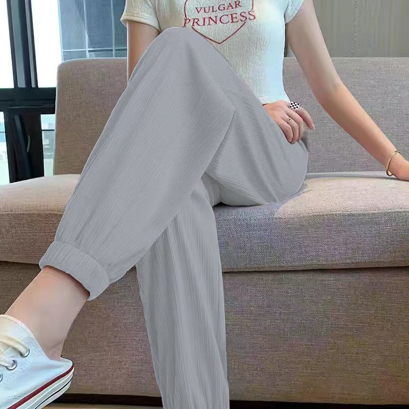 Summer Casual Ice Silk Wide Leg Harem Pants Trousers Solid Elastic Waist Women Clothing Sport Streetweat Ankle-Length Pants