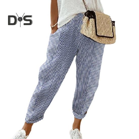 Женские повседневные брюки с эластичной талией и средней посадкой, летние жаккардовые длинные брюки с карманами, полосатые брюки свободного кроя