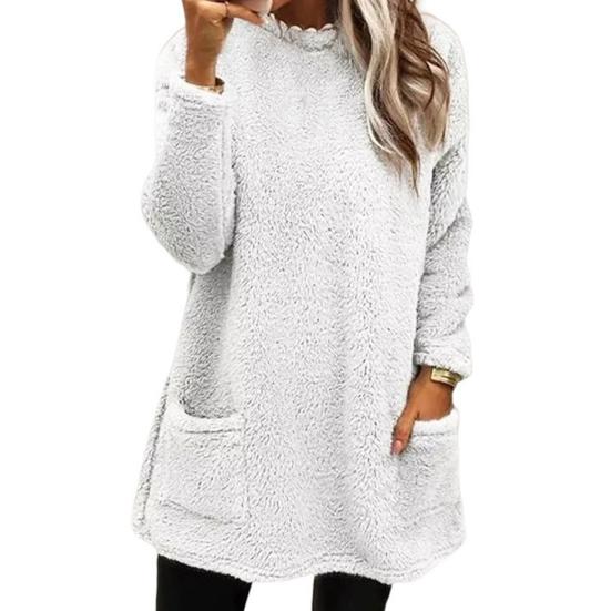 O-Neck Long Sleeves Pockets Mid-Length Winter Sweatshirt Women Loose Fit Embroidery Cat Pattern Fleece Pullover Top