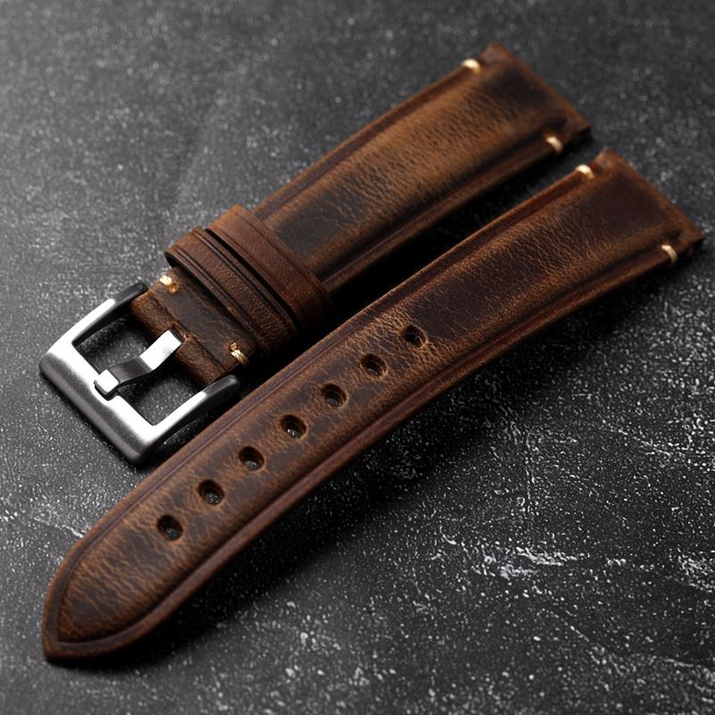 For Italian Oil Wax Leather Vintage Men Strap 18 19 20 21 22MM Thick Watch Bracelet Crazy Horse Leather Brown Bracelet