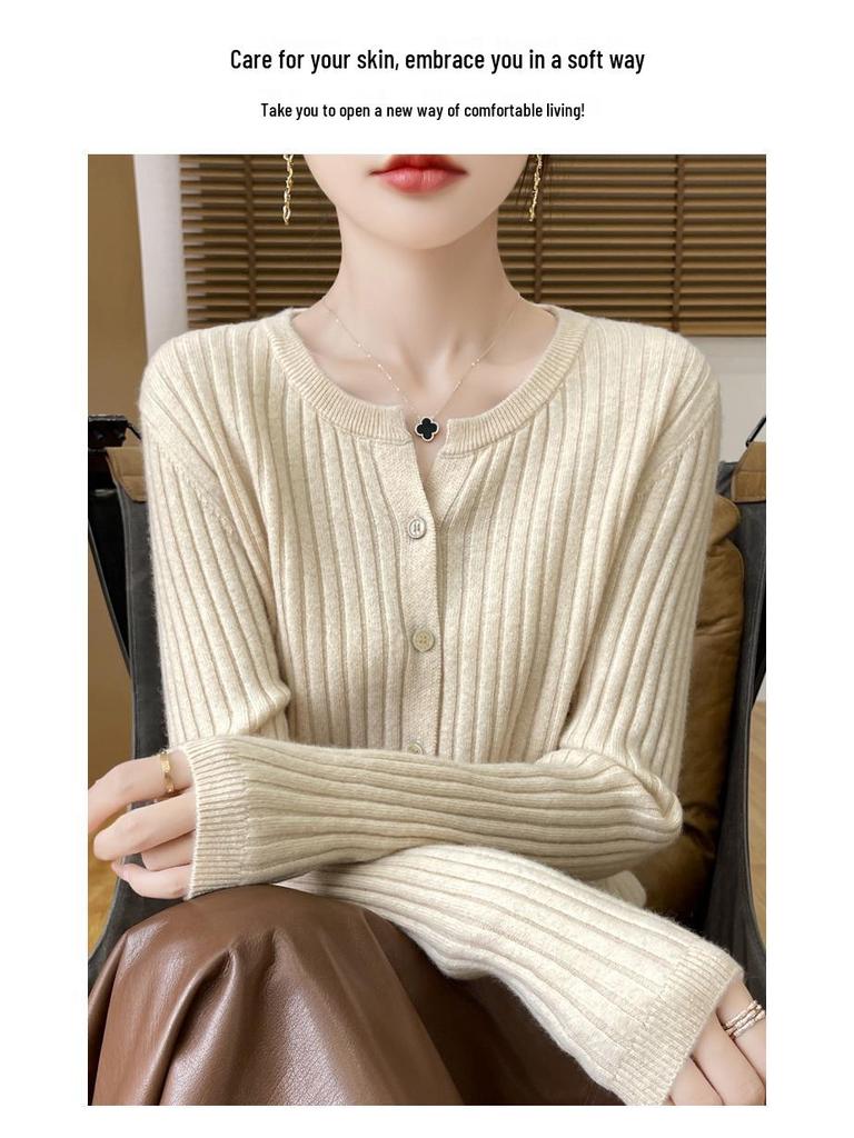 Осенний корейский приталенный кардиган из шерсти с V-образным вырезом - Женский с длинным рукавом, свободного кроя