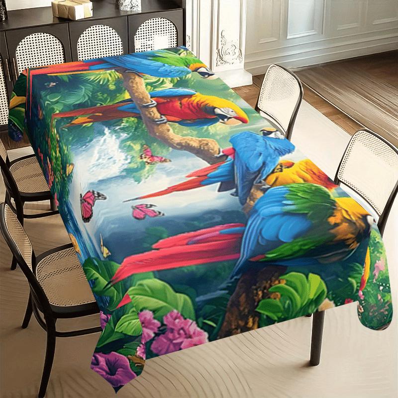 1pc Rectangular Tablecloth Multicolor Parrot Butterfly Jungle Print Table Cover For Dining Room Kitchen Party Decoration pr