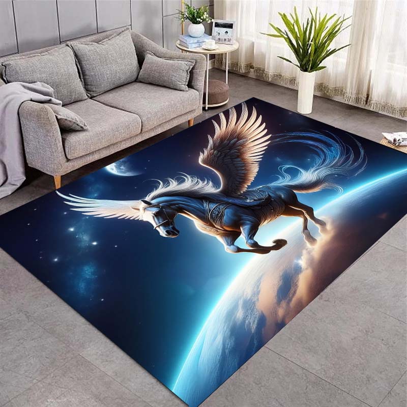 Fantasy Running Horses Area Rug, Glowing Mushroom Full Moon Forest Non Slip Floor Carpet