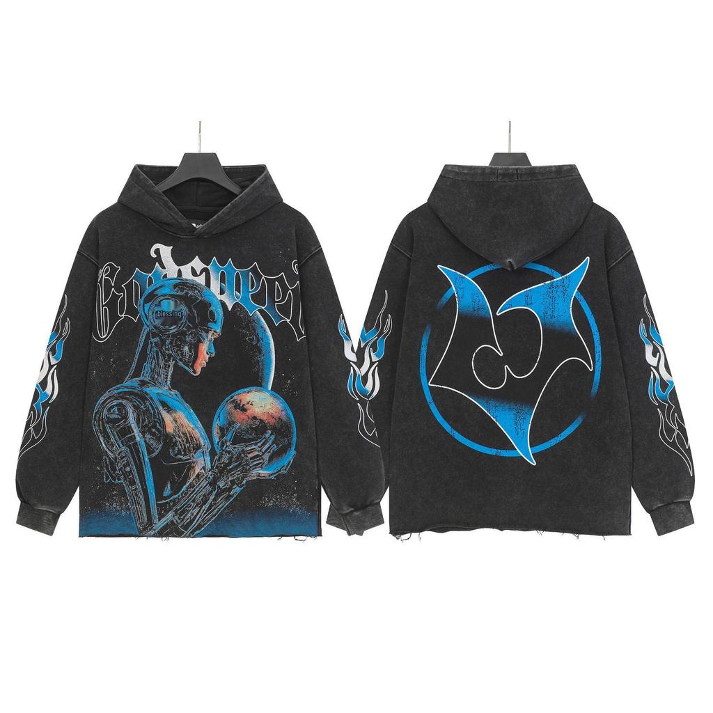 Худи с ретро-принтом 'God Bless America' в стиле рок-стрит, стиранное, повседневное, свободного кроя