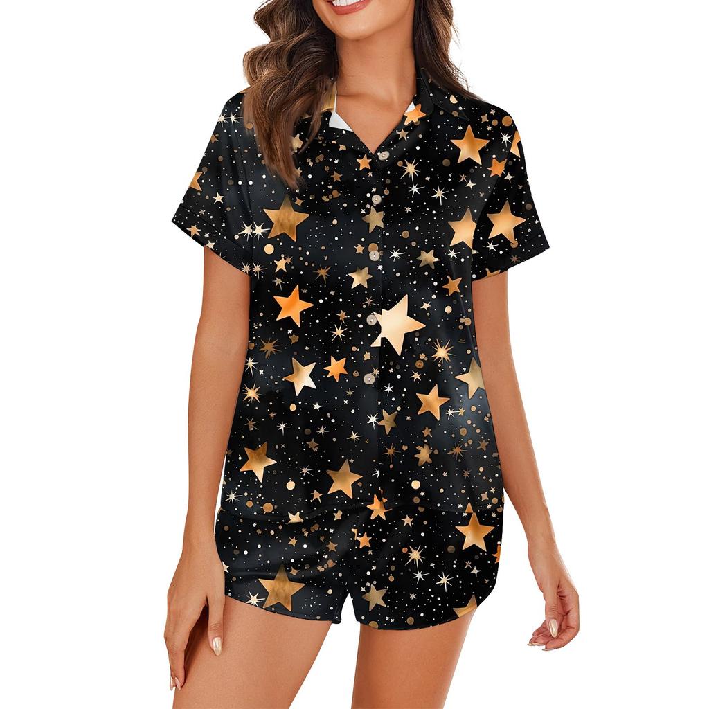 Women's Silk Pajamas Button Home Clothes Star Print Short Sleeve Satin Pajama Set 2 Piece Set