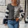 Осенняя женская модная лоскутная футболка с леопардовым принтом, свободный вязаный топ