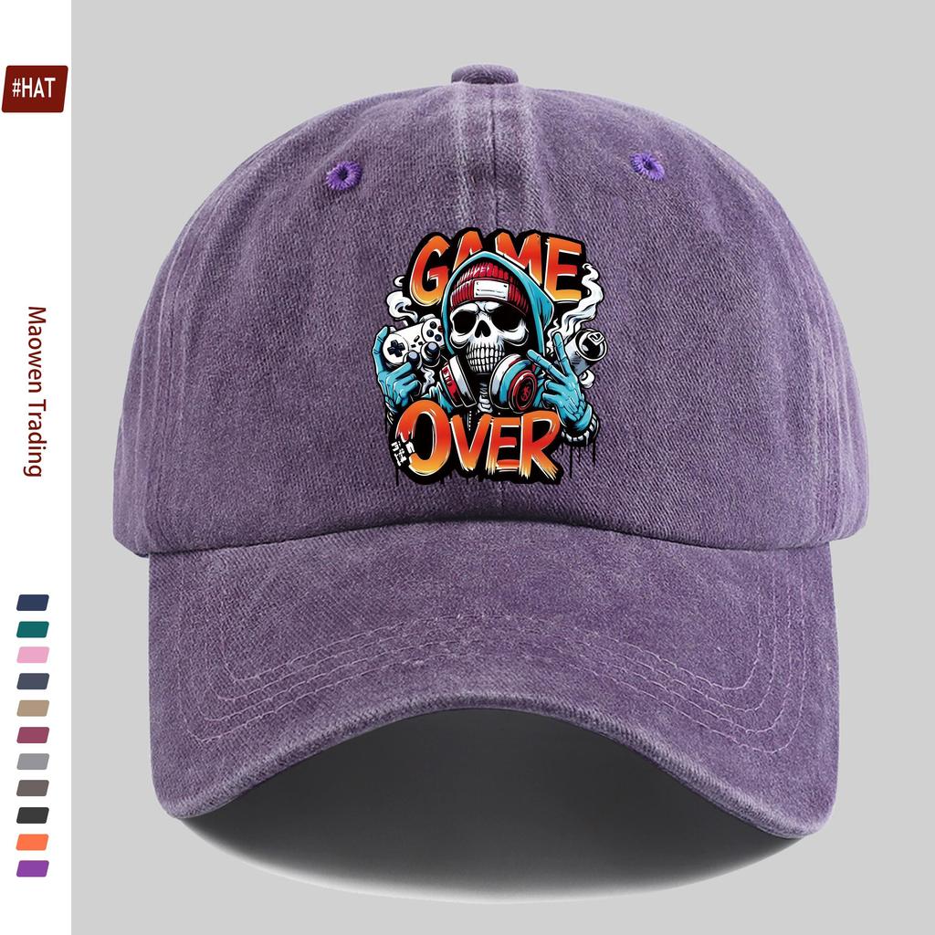 pc Game Over Skull Pattern Printed Baseball Cap with Skull Print Design Decorative Hat Comfortable and Lightweight Headwear