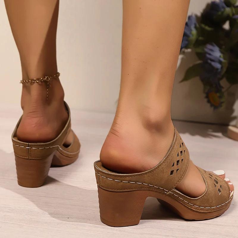 Модные ретро сандалии с вырезами и толстым каблуком женские туфли летние легкие туфли на высоком каблуке шлепанцы женские больших размеров уличные сандалии на платформе