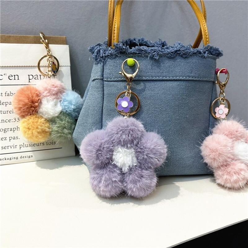 Cherry Blossom Hair Ball Car Keychain Small Fresh Color Plush Flower Mobile Phone Pendant Flower Bag Pendant Gift
