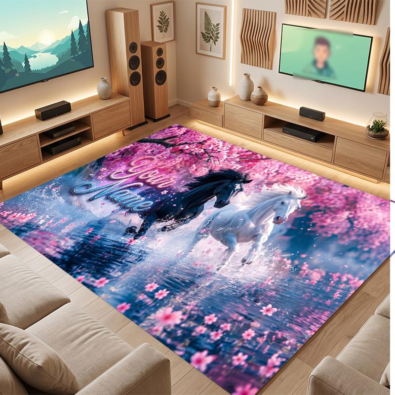 Horse Theme Soft Crystal Velvet Rug Custom Name & Text Print Non Slip Floor Rug for Bedroom Living Room