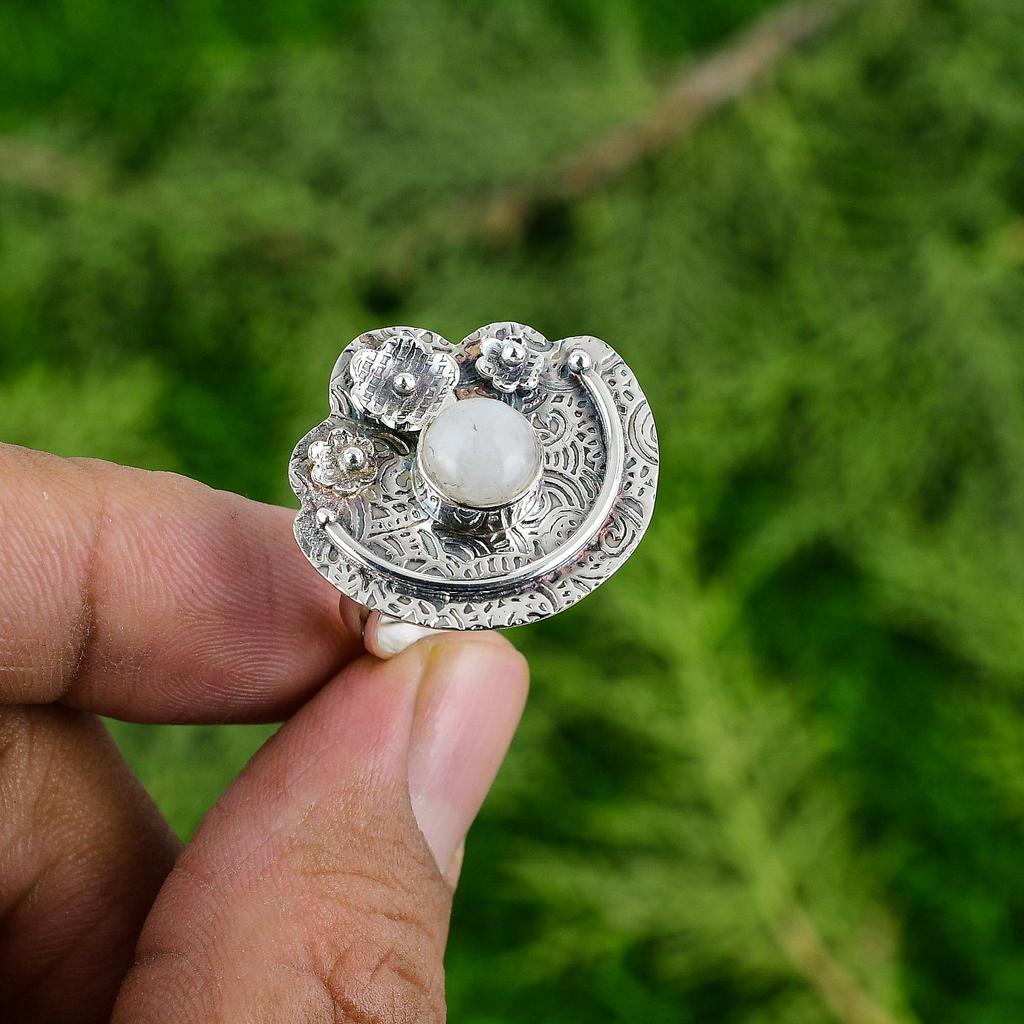 Round Rainbow Moonstone Stone 925 Silver Handmade Birthday Flower Statement Ring