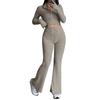 2 Pcs/Set Women Spring Commuting Outfit Top Flared Pants Set Zipper Closure Thread Stand Collar Coat High Waist Sport Tracksuit Elastic Daily Clothes