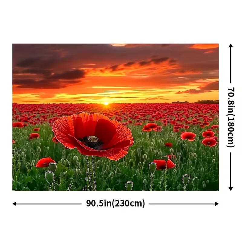 2D HD Поле красных маков, Фон с закатным небом и цветами, Ткань для фотофона