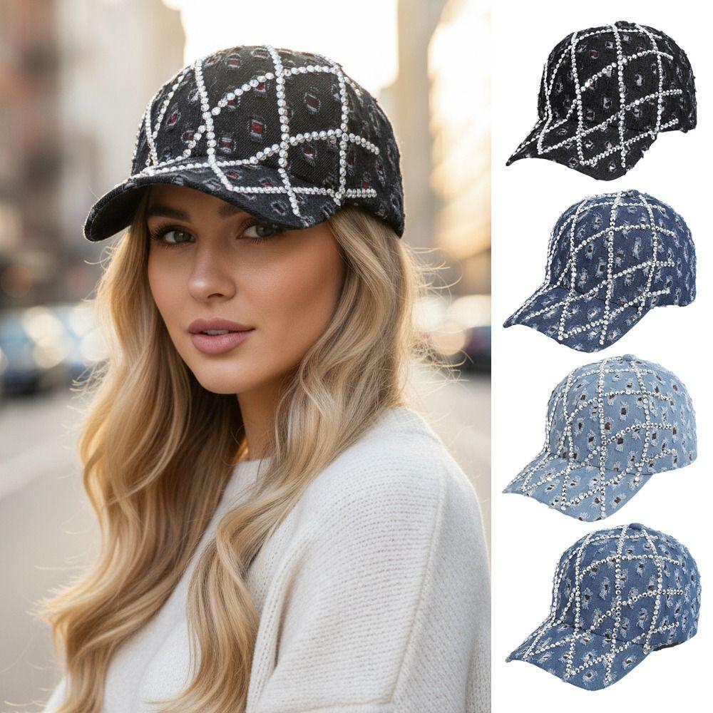 Casual Rhinestone Baseball Cap Sparkling Sun Hats Fashion Distressed Denim Baseball Caps for Women