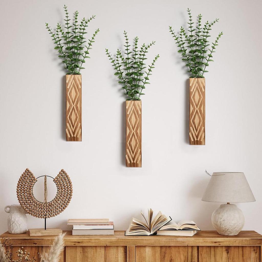 Bohemian Wooden Wall Vase for Dried Flowers and Artificial Plants