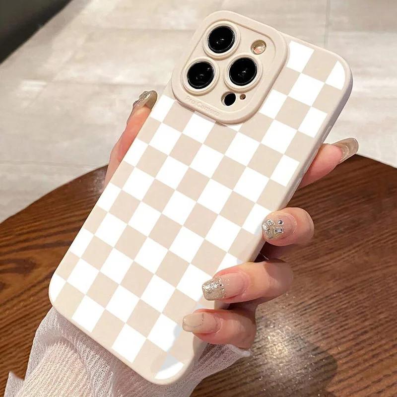 Чехол для iPhone 16 15 14 13 12 11 Pro Max XS X XR 7 8 Plus SE 2022 Белый клетчатый принт противоударный матовый мягкий силиконовый чехол для телефона