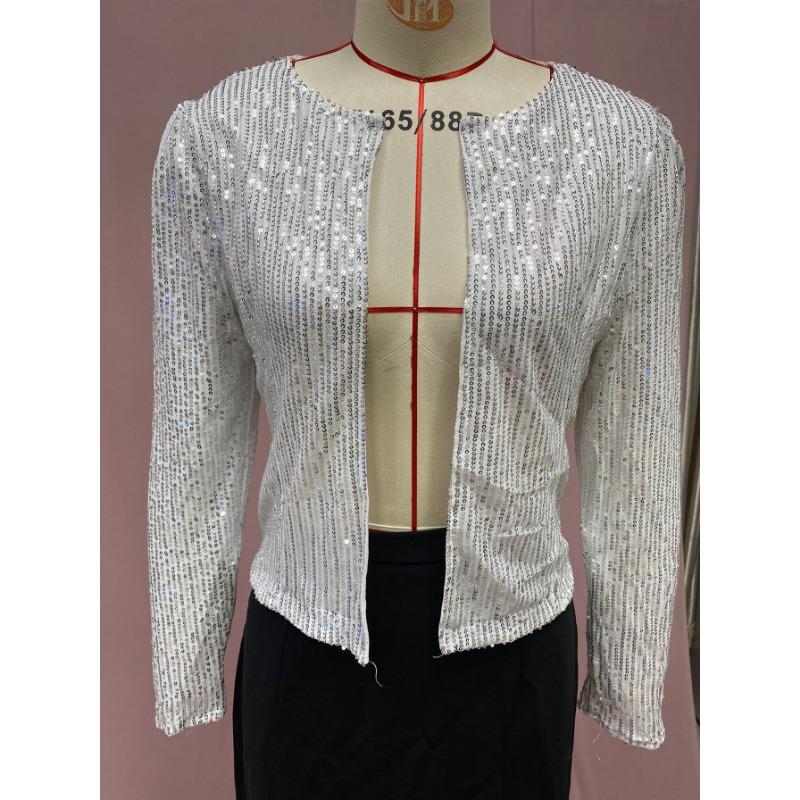 Шикарная блестящая повседневная куртка с пайетками, женская мода, блестящие короткие пальто, приталенный крой, длинные рукава, открытый спереди, кардиган, верхняя одежда