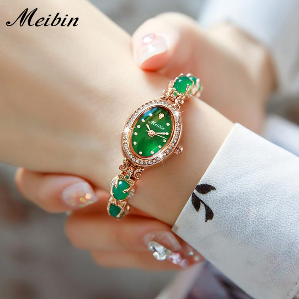 Часы с зеленым кварцем, маленькие часы цвета розового золота для женщин, женский браслет, кристалл, милые, стильные, водонепроницаемые, механизм, простые, брендовые,