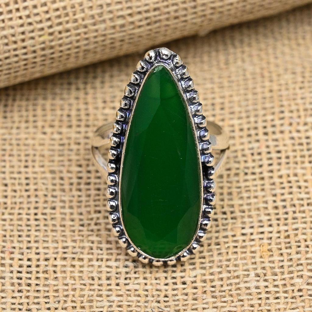 Ювелирное кольцо ручной работы с граненым зеленым ониксом из стерлингового серебра 925 пробы