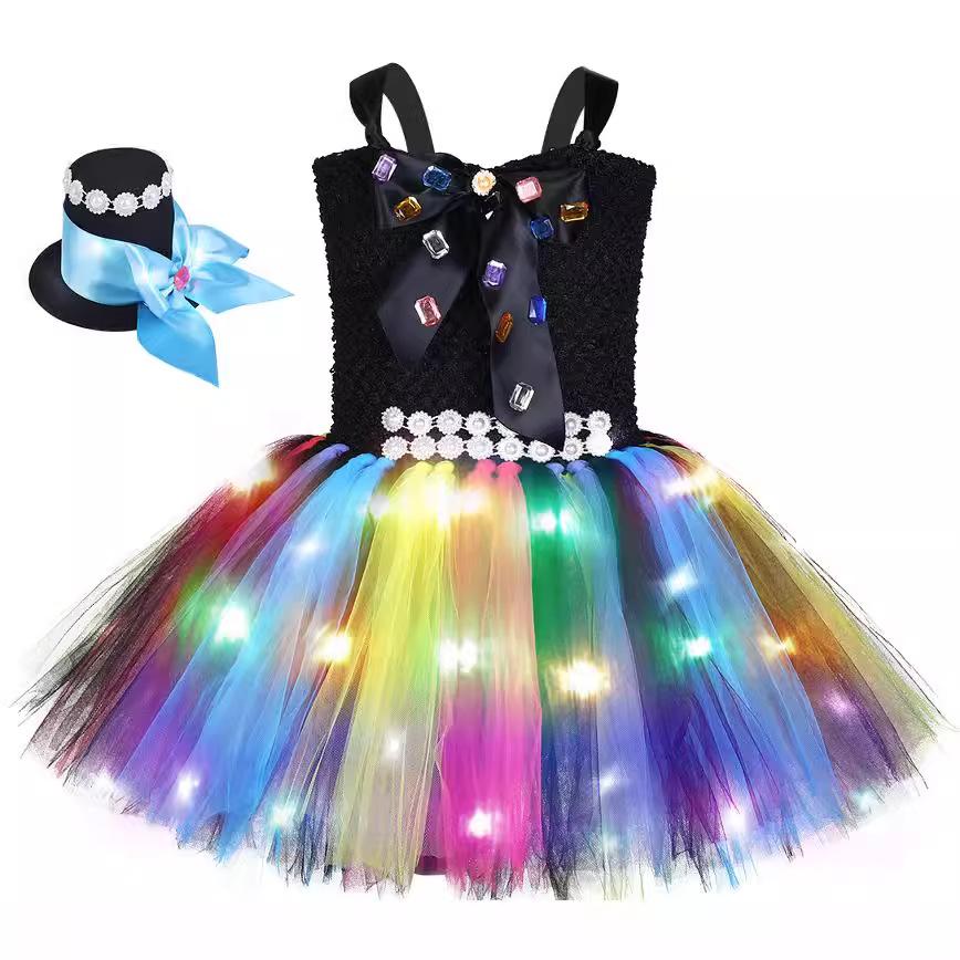 Kids Halloween Cosplay LED Heart Glow Tutu Dress, Color Block Handmade Skirt with Magic Wand Black
