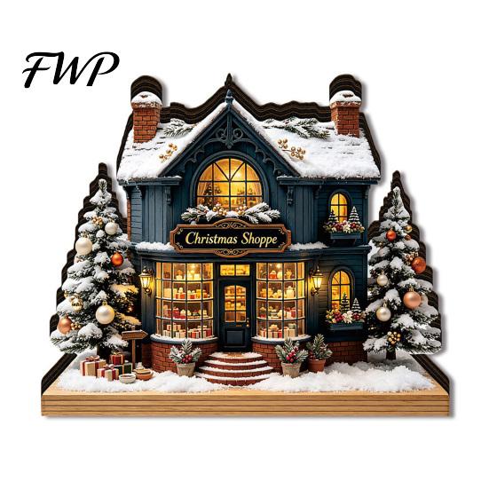 Wooden Christmas Tabletop Decorations Light Up House Table Ornament, LED Lighted Decorative for Festivals Book Nook Village Decoration Holiday