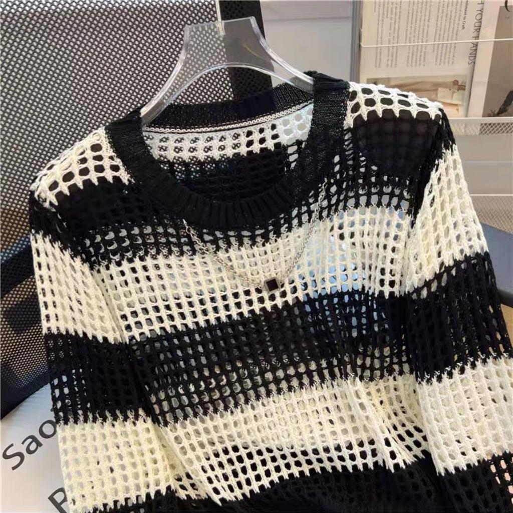 Spring/Summer Design Knitted Shirt Women's Hollow High End Striped Hollow Knitted Shirt Top Outerwear