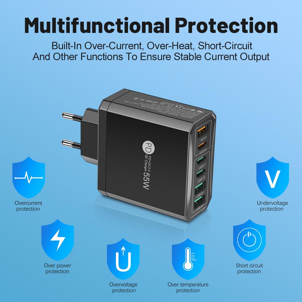 55 Вт 3 порта USB 3 PD зарядное устройство адаптер для зарядки для Xiaomi iPhone 16 14 13 Samsung мобильный телефон штекер зарядное устройство QC 3.0 настенное зарядное устройство