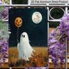 2D Flat Cute Ghost Holding Pumpkin Balloon Full Moon Vintage Metal Sign‑8.0x12.0inch Aluminum Wall Art, Farmhouse Halloween Porch Decor, Pre‑Drilled