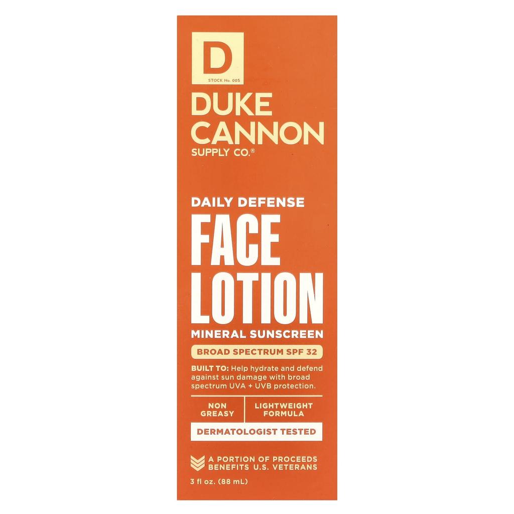 Duke Cannon Supply Co. Daily Defense Face Lotion, Mineral Sunscreen, Spf 32, Light Citrus, 88 Ml (3 Fl Oz)