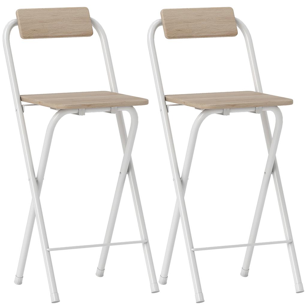 Set Of 2 Folding Bar Stools With Backrest Footrest And Steel Frame For Dining Room Counter Natural