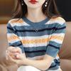 2024 Summer New Thin Fashion Crew Neck Striped Short Sleeve Commuter Loose Hollow Out Loose Sweater Knitted T-shirt Women's Tops