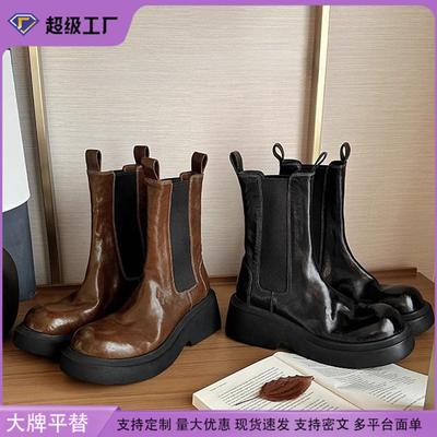 Виноградная Мама Западные Челси Сигаретные Ботинки Женские Ретро Потертые Средней Длины Эластичные Ботинки Маленькие Толстоподошвенные Ботинки на Высокой Платформе