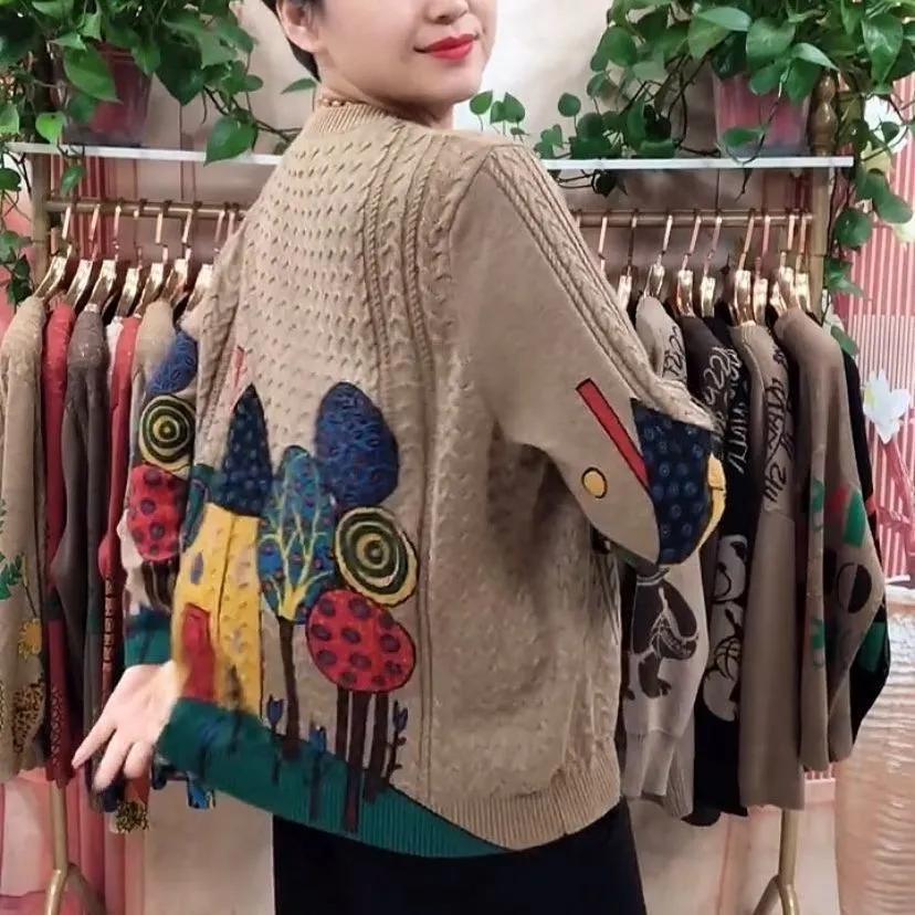 Винтажный принт Вязаные женские топы Осень Круглый вырез Мода Длинный рукав Свободная футболка Женская одежда